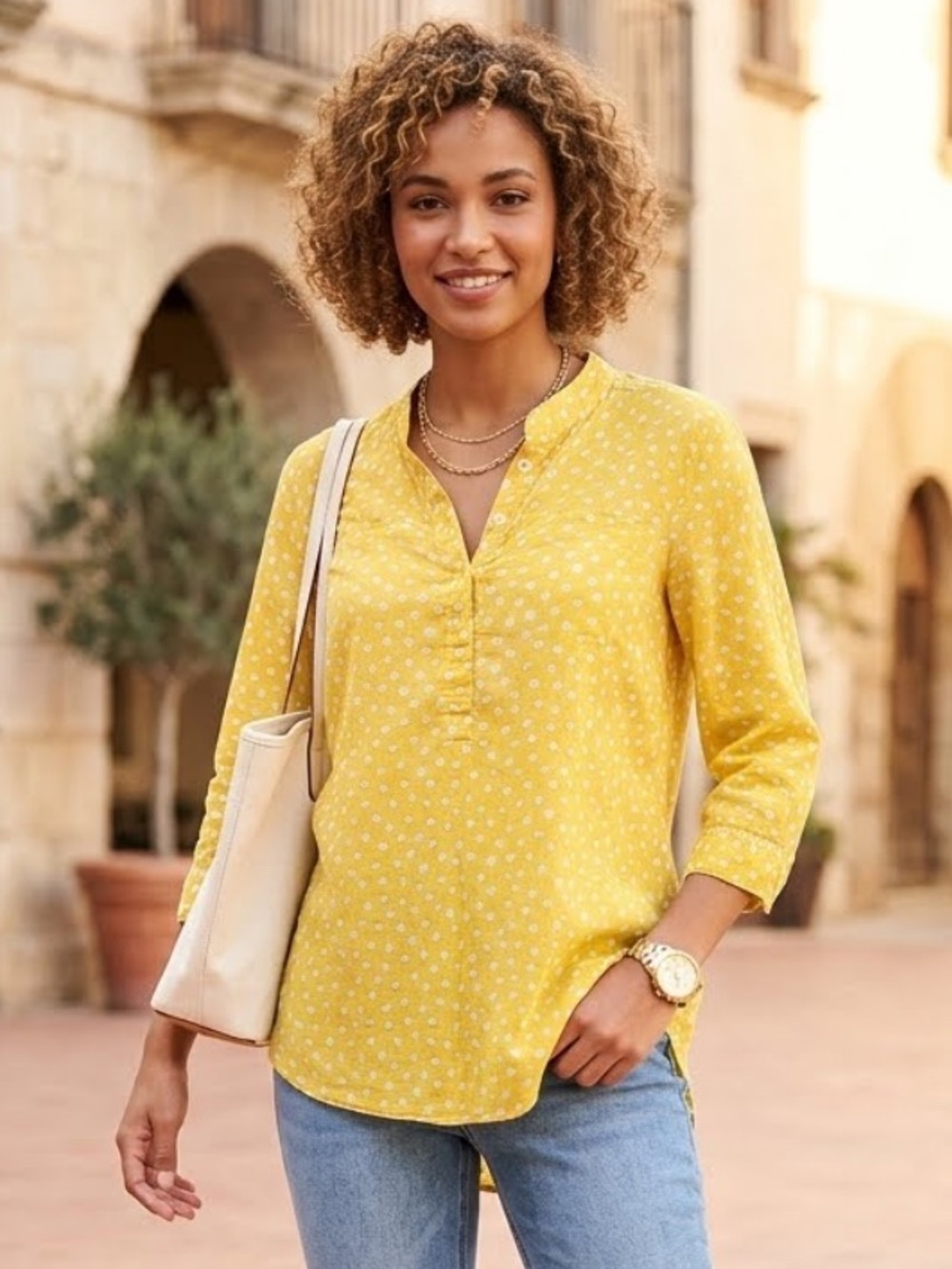 Anthropologie Odille Pop Over Blouse Henley Shirt Mustard Polka Dot Cotton Sz 8